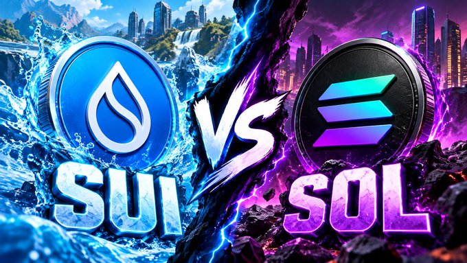 A promotional graphic featuring 'SUI' on the left with a blue water droplet logo and 'SOL' on the right with a purple Solana logo, separated by a 'VS' graphic with lightning effects.