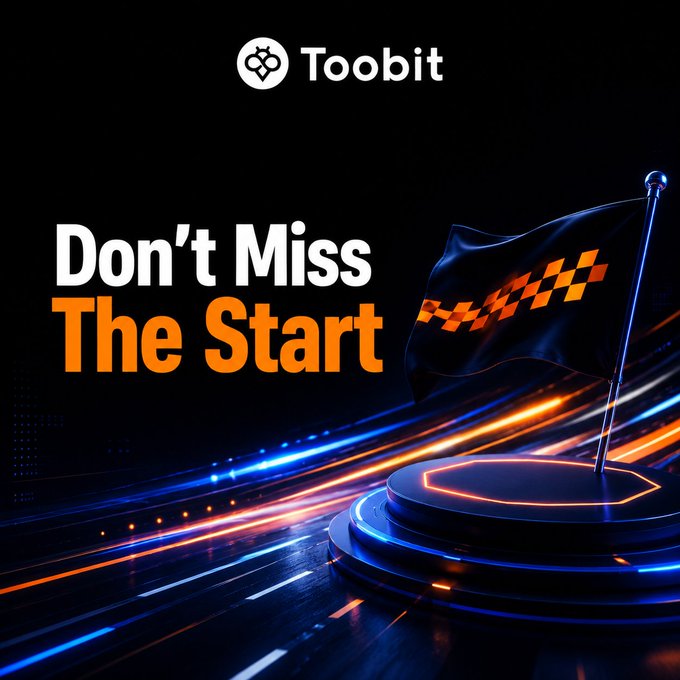 The image shows a Toobit promotional graphic for the "TIFT 2026" trading competition, featuring the text "Don't Miss The Start" alongside an illuminated checkered flag on a futuristic racing-style podium with neon blue and orange light trails. The racing imagery and flag reinforce the post's "FloorIt" message about being ready at the starting line of the trading challenge, with the flag symbolizing the race's beginning rather than its finish.