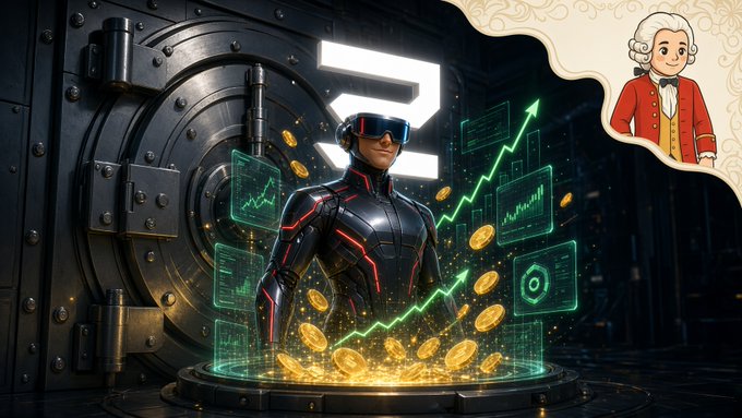 A person in a futuristic armored suit and VR headset stands before a giant vault door with holographic charts, coins, and a growing green arrow.