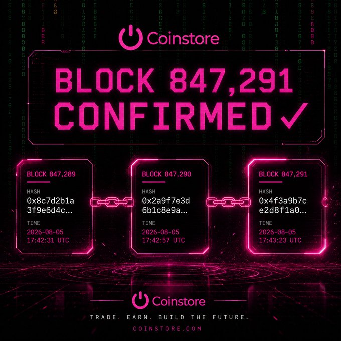 A neon-styled graphic from Coinstore confirms Block 847,291 and displays the chain of three connected blocks (847,289 → 847,290 → 847,291) with their hashes and timestamps, visually illustrating the linked-block structure explained in the post about how blockchain creates an immutable, tamper-proof ledger.

Block 847,291 confirmed ✓ — chain link visual showing block 847,289 → 847,290 → 847,291 with hashes and timestamps. Tag: #Coinstore