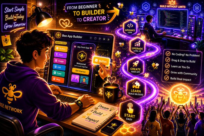 A vibrant promotional graphic for 'Bee Network' shows a young user building an app on a laptop, with text including 'FROM BEGINNER TO BUILDER TO CREATOR', 'Start Simple, Build Today, Grow Tomorrow', and features like 'No Coding? No Problem!' and 'Build Real Impact'.