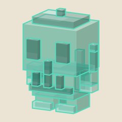 A 3D render of a translucent, light blue, pixelated blocky creature with darker blue square eyes and a small protrusion on top of its head.