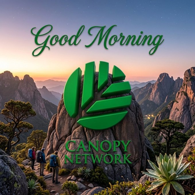 A 'Good Morning' greeting graphic featuring the green Canopy Network logo, depicting hikers on a mountain trail in a scenic landscape with sunset lighting.