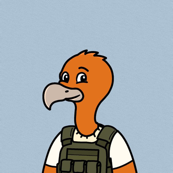 A cartoon illustration of an orange bird-like character (a dodo) with a large gray beak, wearing a tactical vest, set against a light blue background. The image appears to be a mascot or avatar for a post announcing an upcoming NFT mint event, though no specific text or numbers are visible in the artwork itself.