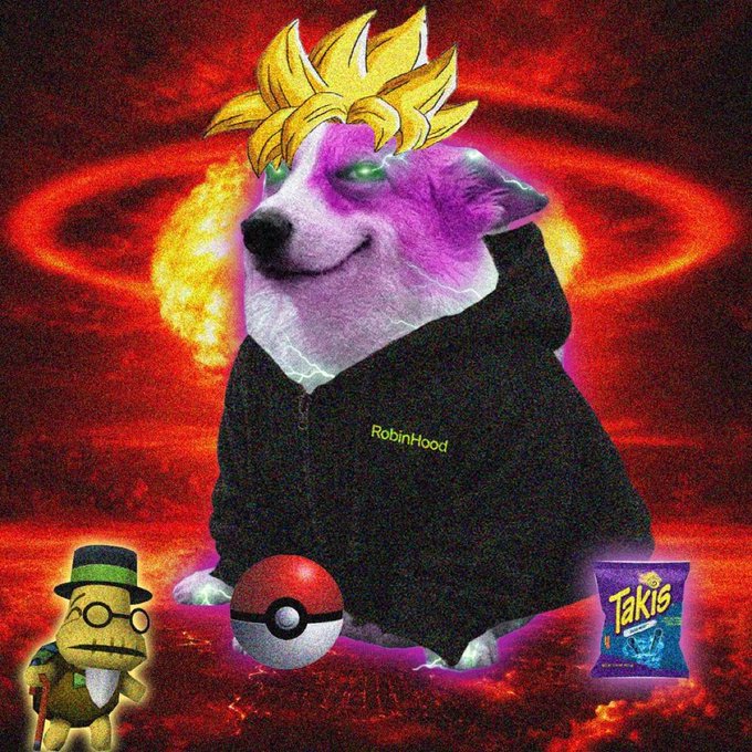 A meme image featuring a purple-tinted Shiba Inu dog wearing a black 'RobinHood' hoodie and a Super Saiyan-style spiky yellow wig, set against a fiery red background, accompanied by a Mr. Krabs figure in a top hat, a Pokéball, and a bag of Takis.