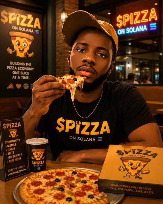 A man wearing a '$PIZZA ON SOLANA' shirt and cap eats a slice of pizza at a restaurant, with '$PIZZA ON SOLANA' branded menus, a drink cup, and pizza box visible around him.