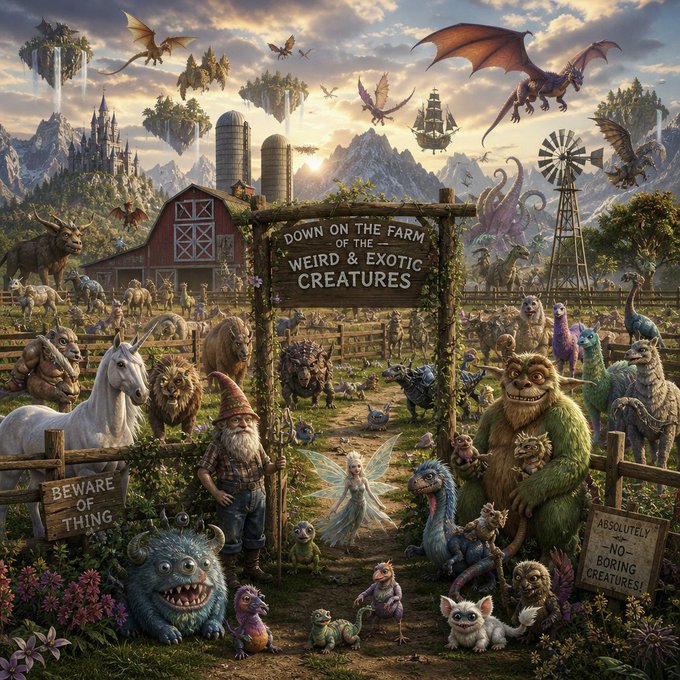 A whimsical fantasy farm scene featuring a wooden sign reading 'Down on the Farm of the Weird & Exotic Creatures,' surrounded by mythical beings including dragons, fairies, and a gnome, with signs warning 'Beware of Thing' and 'Absolutely NO Boring Creatures!'.
