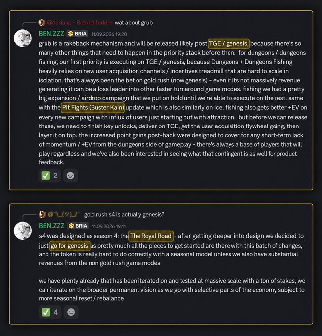 A Discord screenshot from BRIA showing Cambria founder BEN.ZZZ explaining that "grub" is a rakeback mechanism slated for TGE/Genesis release due to its priority over other features like dungeons, with a second message clarifying that Season 4 (S4) was originally designed as "The Royal Road" but pivoted to Genesis because most foundational pieces were already in place.