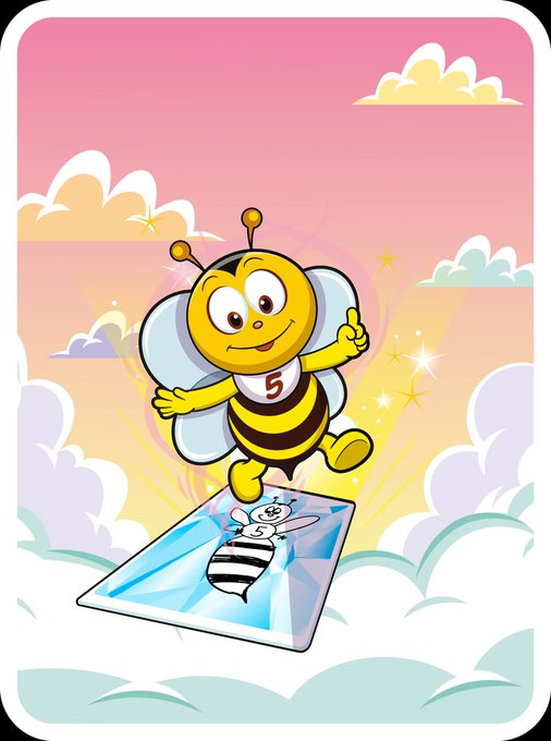 A cartoon illustration shows a cheerful bee wearing a jersey with the number "5" standing on a card featuring a smaller bee, set against a pink sky with clouds.