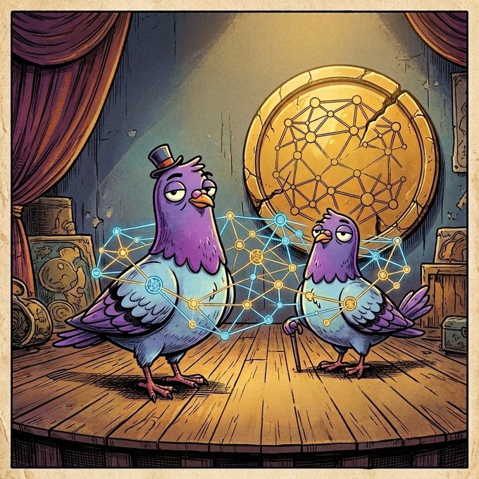 A whimsical illustration of two purple birds on a stage, one wearing a top hat, surrounded by a network of interconnected nodes and lines, with a large golden coin in the background.
