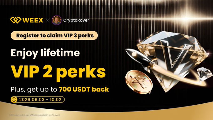 A promotional banner for WEEX x CryptoRover featuring a golden and diamond "V" trophy and a rocket ship icon invites users to register for VIP 3 perks, enjoy lifetime VIP 2 benefits, and receive up to 700 USDT back during the event running from September 3 to October 2, 2026.