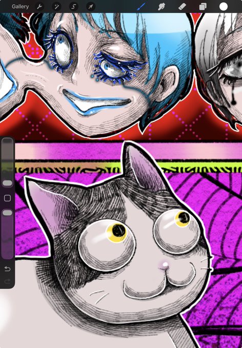 A digital drawing in progress on a tablet, showing an anime-style character with blue hair and large eyes above a stylized cat with big eyes on a purple patterned background.