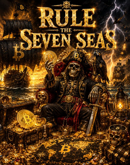 A skeletal pirate king sits upon a throne of treasure surrounded by Bitcoin logos, gold coins, skulls, and pirate ships, with the bold headline "RULE THE SEVEN SEAS" and the phrase "IN CODE WE TRUST" inscribed on a chest. The imagery visually embodies the post's message of accumulating Bitcoin as a sovereign, unstoppable form of wealth—portraying crypto as the ultimate treasure for those who "rule" the digital frontier.