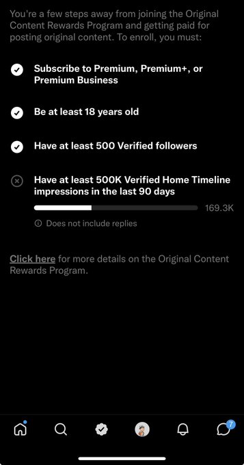 A mobile screenshot explaining requirements for the Original Content Rewards Program on a social platform, including Premium subscription, 18+ age, 500 verified followers, and 500K verified home timeline impressions in 90 days.