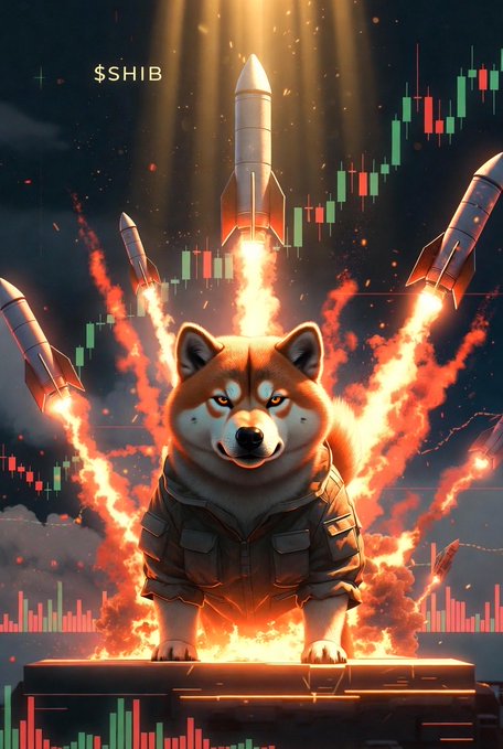 A fierce Shiba Inu in a tactical vest stands defiantly amid fiery explosions and multiple rockets launching skyward, set against a backdrop of rising green and red crypto candlestick charts with "$SHIB" displayed in the upper left. The dynamic scene visually amplifies the post's message about an impending SHIB breakout, symbolizing the explosive momentum the #ShibaArmy anticipates when the market awakens.