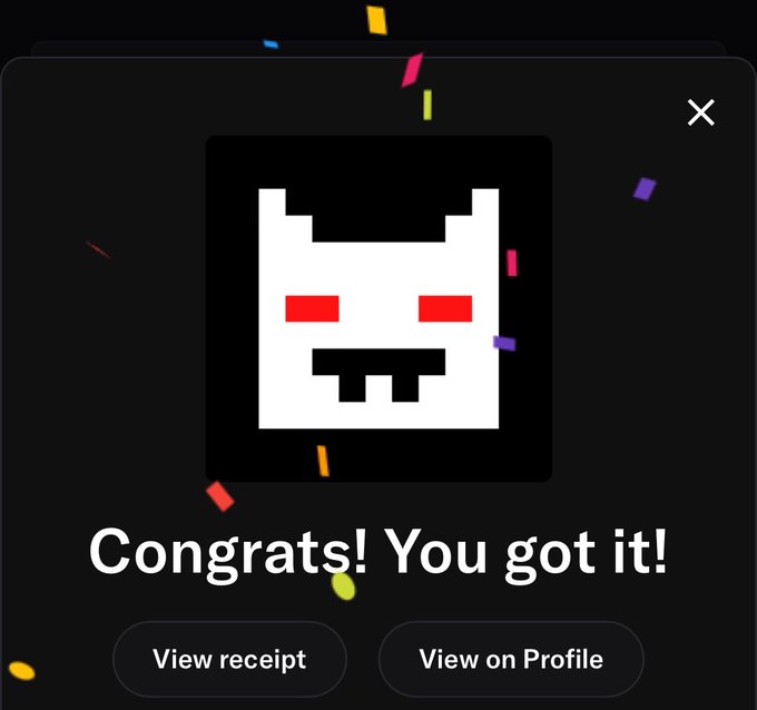 A celebratory screen with confetti displaying a pixel-art robot icon and the text 'Congrats! You got it!' with buttons for 'View receipt' and 'View on Profile'.