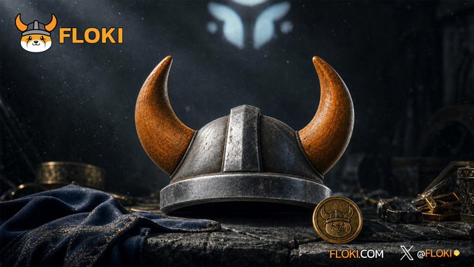 FLOKI cryptocurrency promotional image showing a viking helmet with horns, FLOKI.com logo, and @FLOKI Twitter handle.
