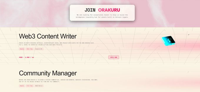 A recruitment webpage for Orakuru displaying job openings for a Web3 Content Writer at $800–$1,500/mo and a Community Manager, aligning with the post's announcement of Web3 hiring opportunities.