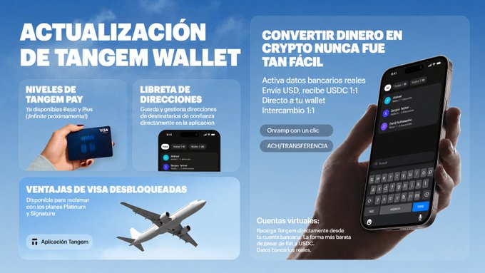 A promotional graphic in Spanish titled 'ACTUALIZACIÓN DE TANGEM WALLET' highlighting features including Tangem Pay levels, address book, and Visa card benefits, with the tagline 'CONVERTIR DINERO EN CRYPTO NUNCA FUE TAN FACIL'.