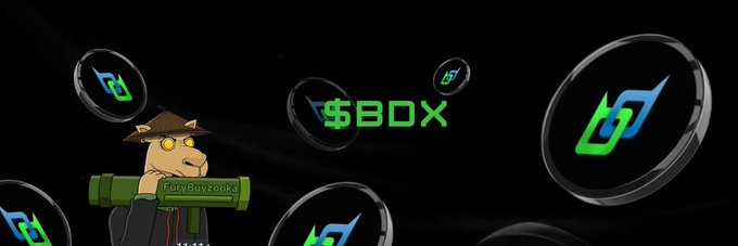 Promotional graphic featuring a cartoon character with a cowboy hat and 'ForBoxzoka' on a green roll, surrounded by circular '$BOX' tokens with a stylized logo.