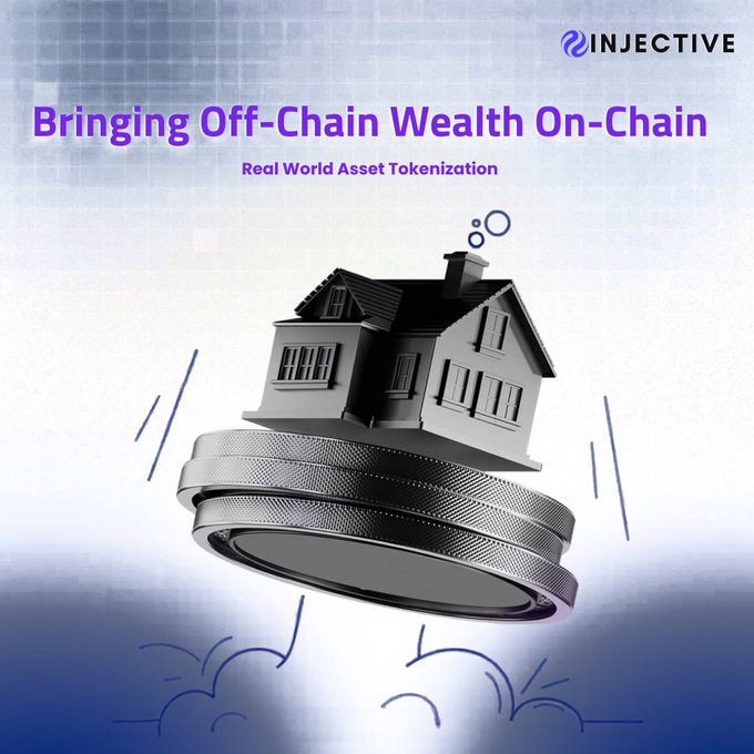 A presentation slide titled “Bringing Off-Chain Wealth On-Chain” with the subtitle “Real World Asset Tokenization” shows the INJECTIVE logo and a house resting on a metallic coin.
