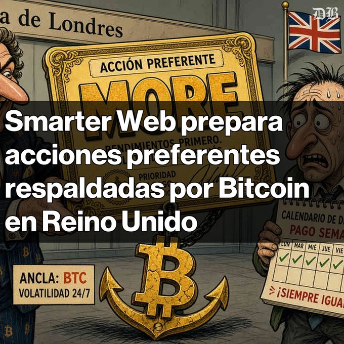 A Spanish-language news graphic with cartoon illustrations announces 'Smarter Web prepara acciones preferentes respaldadas por Bitcoin en Reino Unido', featuring a large Bitcoin anchor and 'ANCLA: BTC VOLATILIDAD 24/7'.