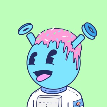 The image features a cartoon character wearing an astronaut suit with a smiley face drawn on its head. The character has two large ears and a blue body that appears to be dripping with pink frosting, giving it a playful and whimsical appearance. The background of the image is green, which contrasts nicely with the character's blue color. There are no texts or other objects in the image, making the focus solely on the cartoon character and its unique features.