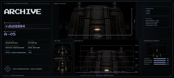 A futuristic dark-themed digital interface displaying 'ARCHIVE' with technical schematics, coordinates '@ddls8894', and structural data of a bunker labeled 'A-05'.