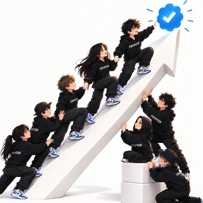 A 3D anime-style illustration shows multiple figures in black 'CRYPTOX' hoodies and tracksuits working together to climb a large white arrow pointing upward, with the lead figure touching a blue checkmark.