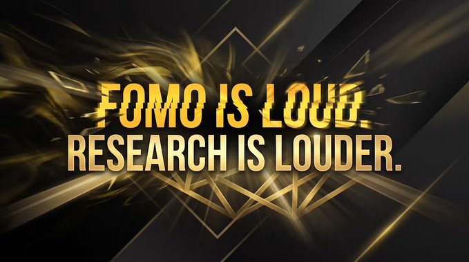 A motivational graphic with bold golden text 'FOMO IS LOUD. RESEARCH IS LOUDER.' displayed over an abstract geometric background with gold light streaks.