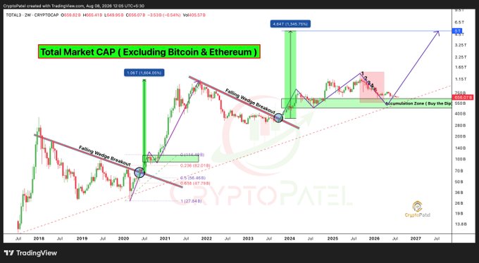A TradingView chart titled 'Total Market CAP (Excluding Bitcoin & Ethereum)' showing TOTALS on the 2W timeframe, with technical analysis annotations including 'Falling Wedge Breakout' patterns, Fibonacci retracement levels (0.236, 0.5, 0.618, 0.65, 1.27), and a 'Accumulation Zone / Buy the Dip' area projecting targets of 5.34T (+1,345.78%).