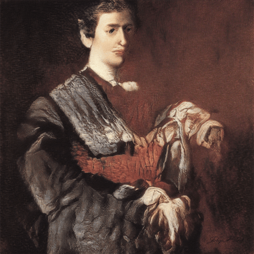 A classical oil painting portrait depicts a man in 18th-century aristocratic attire, including a lace cravat and dark robe.