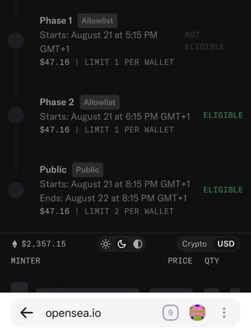 An OpenSea minting page showing three phases (Phase 1, Phase 2 Allowlist, and Public) all priced at $47.16 with various eligibility statuses displayed.