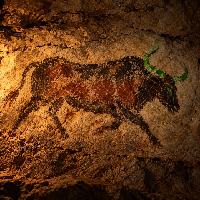 Prehistoric cave painting of a bull or bison rendered in black and reddish-brown pigment with green horns, illuminated on a rough rock surface.
