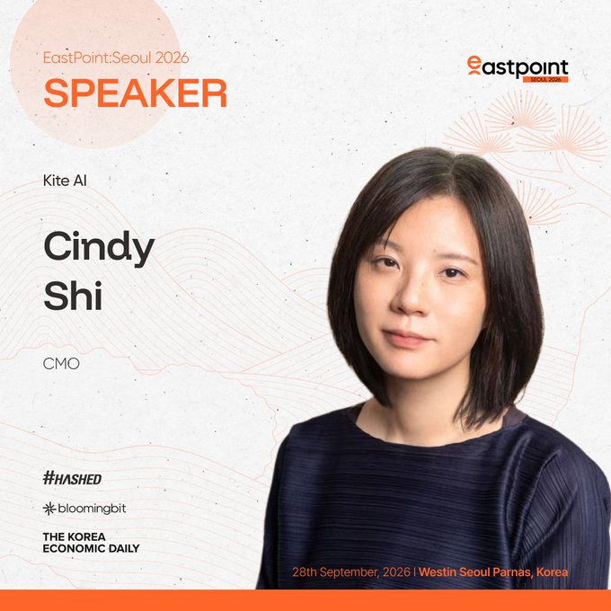 A promotional graphic for EastPoint:Seoul 2026 featuring Kite AI CMO Cindy Shi as a speaker, scheduled for 28th September 2026 at Westin Seoul Parnas, Korea. The post highlights her talk on the infrastructure needed for autonomous AI agents to transition from intelligence to real economic activity.