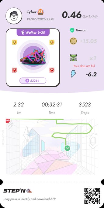 STEPN activity share card for user Cyber (Walker Lv30, shoe ID 53264) showing 2.32 km in 00:32:31 with 3523 steps, earning +15.05 GMT at 0.46 GMT/Min.