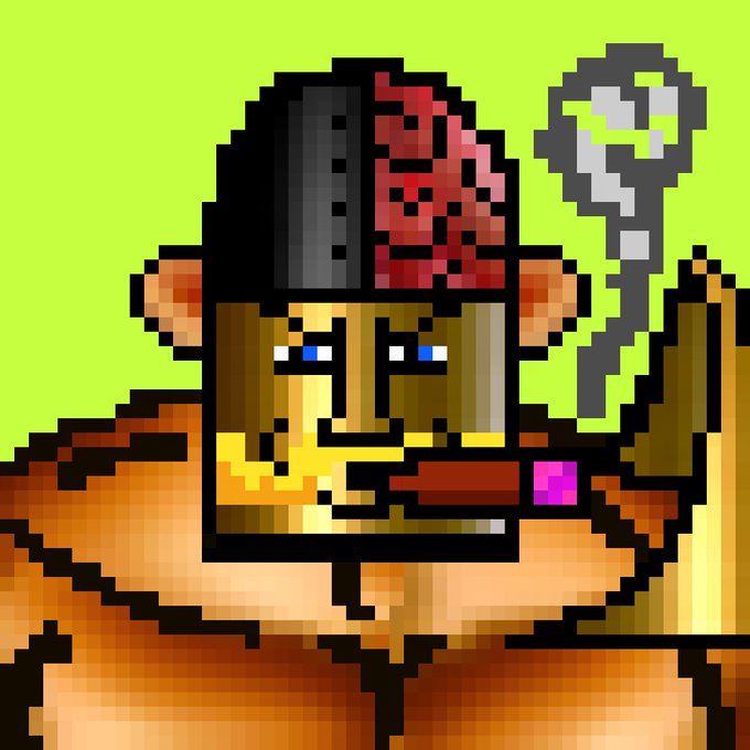 Pixel art illustration of a shirtless character wearing a helmet with an exposed red brain, holding up a digital timer that reads '0:00'.