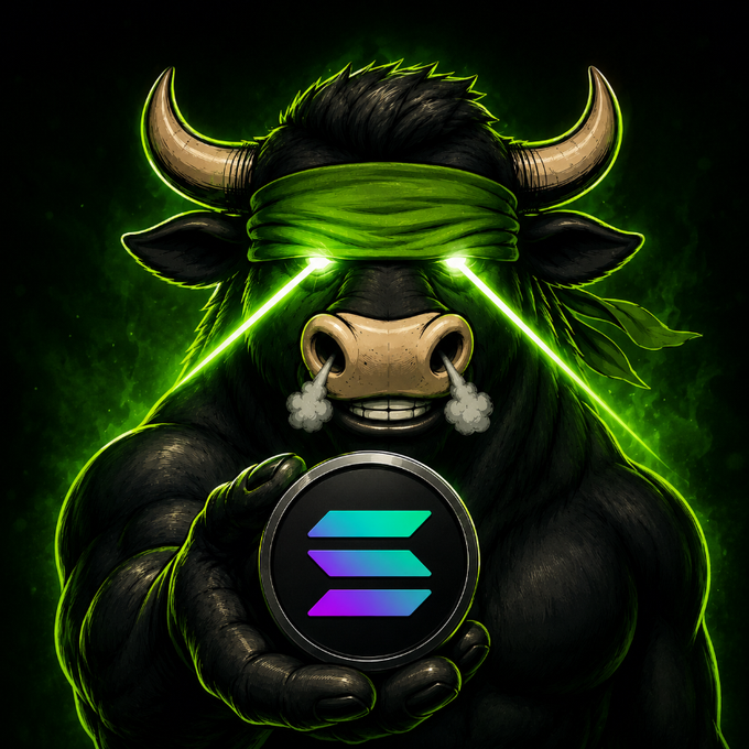 A muscular black bull with glowing green laser eyes and a green bandana holds out a Solana ($SOL) coin, promoting the giveaway with "#SolanaAirdrop #SOL" for 500 people in a 2.5 SOL prize pool. The intense, charged imagery reinforces the urgency of the airdrop campaign.