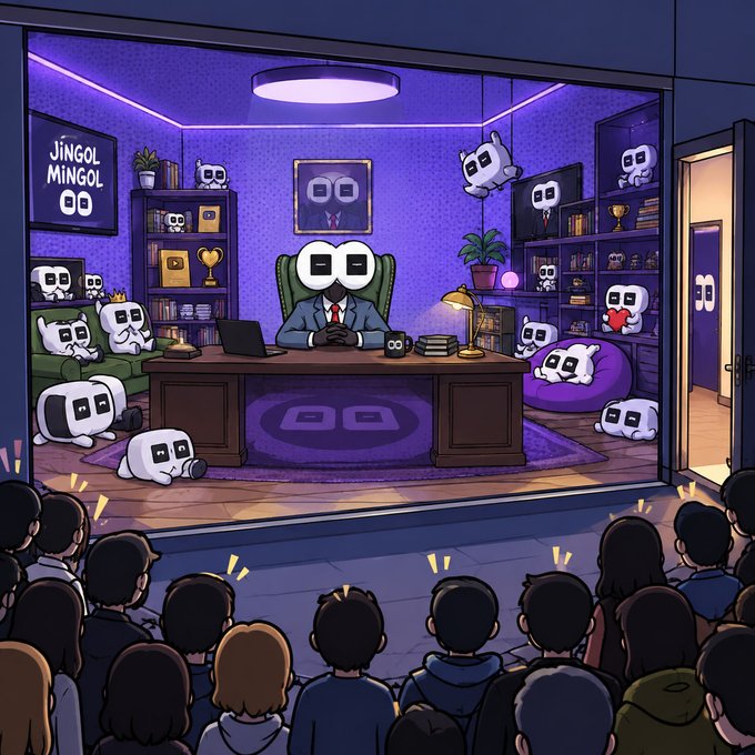 A cartoon-style illustration depicting a character with a TV-shaped head labeled 'JINGOL MINGOL' sitting at a desk in an office surrounded by smaller similar characters, while a crowd watches from outside the glass window.