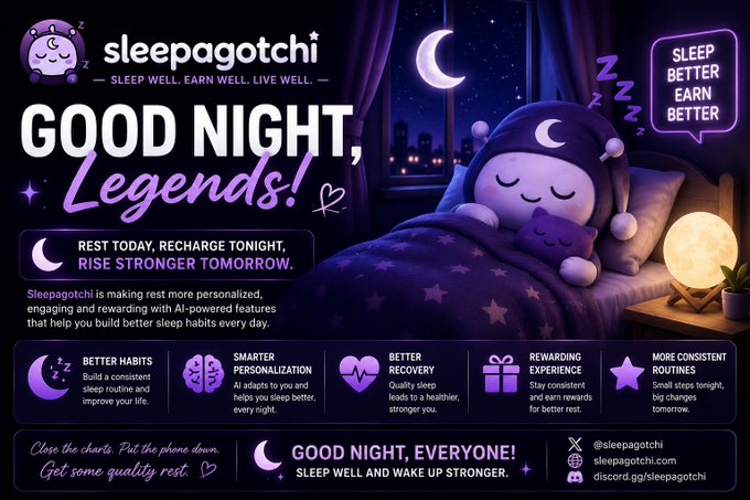 Promotional graphic for 'sleepagotchi' app featuring a purple character sleeping, with 'GOOD NIGHT, Legends!' header and tagline 'SLEEP WELL, EARN WELL, LIVE WELL' along with features like Better Habits and Smarter Personalization.