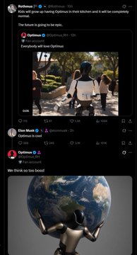 A screenshot of a social media post by Optimoo (@Optimoo) showing a video reply from Elon Musk (@elonmusk) that says "I love Optimus," with 404K views, alongside the caption mentioning Elon replying to an official @Optimus_RH video and calling $OPTIMUS the best Elon Musk narrative coin since $FLOKI. Below the post is an image captioned "We think so too boo!" depicting a small humanoid robot holding a globe, symbolizing global optimism and tying into the Optimus AI narrative discussed in the tweet.