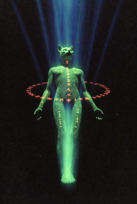 A glowing green humanoid figure with a fox or cat-like head stands against a dark cosmic background, illuminated by blue light rays from above and a ring of red runic symbols orbiting its body.