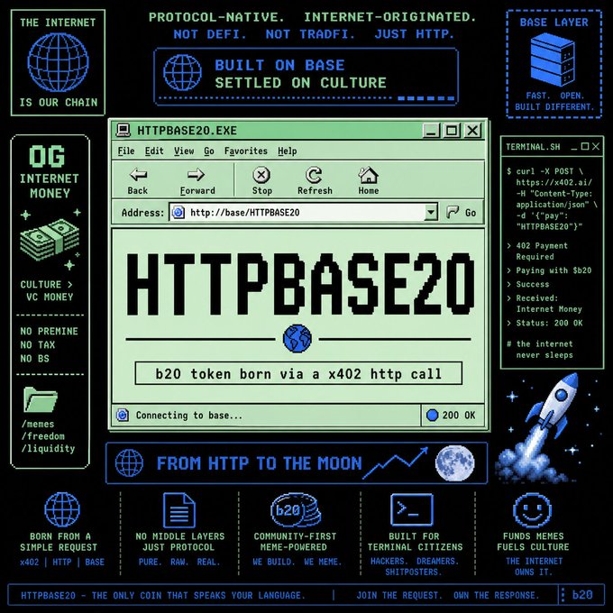 A retro-styled promotional graphic for HTTPBASE20, a cryptocurrency token described as 'born from a simple request' and 'protocol-native, internet-originated.'