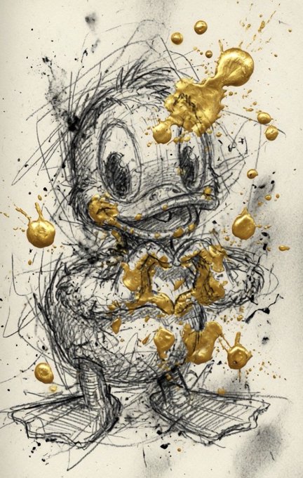 The image features a cartoon drawing of a duck with gold paint splatters, giving it a unique and eye-catching appearance. The duck appears to be holding a heart or a keychain, adding an element of whimsy to its design. The background is white, which contrasts nicely with the colorful duck and makes it stand out even more. The image also includes text that reads "Good night keep quacking Gonna try and be more active and better tomorrow Been a slower few day, I got to pick up the pace atleast for me @wallchain I've seen that we should see who was selected for the selection campaign possibly on Wednesday I hope". This adds an interesting context to the image, suggesting that the duck drawing might have been created as part of a competition or event related to the post.