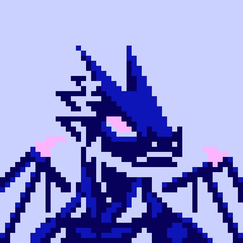 A pixel art illustration shows a dark blue dragon or wolf-like creature with pink eyes and accents against a light blue background.