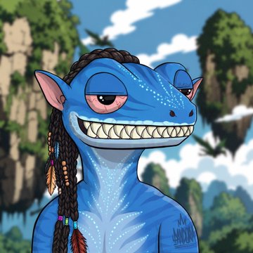 A digital artwork of a blue Na'vi-like reptilian humanoid character with braided hair, sharp teeth, and intricate skin patterns set against a backdrop of floating mountains reminiscent of Pandora.