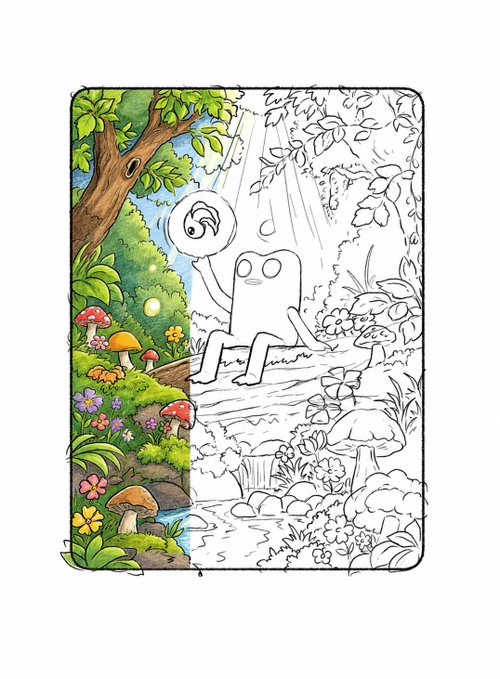 The image features a cartoon character, likely a big fwog or a similar creature, sitting on a log surrounded by mushrooms and flowers. The character appears to be enjoying fine art as they hold up a paintbrush above their head. The image is divided into two sections - one with the cartoon character in color and another with the same character rendered in black and white. This contrast highlights the artistic nature of the scene, making it an interesting visual for those who appreciate digital art or illustrations.