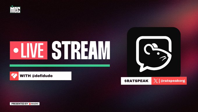 A promotional graphic for an MCG Live Stream featuring a guest appearance by @defidude to discuss $Ratspeak (ratspeakorg), featuring the Ratspeak logo with its signature rat-in-speech-bubble icon on a dark red and black background. The design includes MetaDAO branding at the bottom, promoting the streaming event highlighted in the accompanying post.