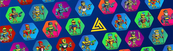 A colorful digital artwork featuring a repeating pattern of small, stylized warrior or samurai characters in various poses and outfits, set against hexagonal colorful backgrounds, with a central yellow Valknut symbol.