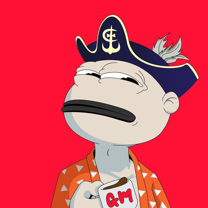 Cartoon illustration of a character wearing a dark pirate hat with a yellow insignia, dressed in an orange patterned shirt and holding a 'QM' mug against a red background.